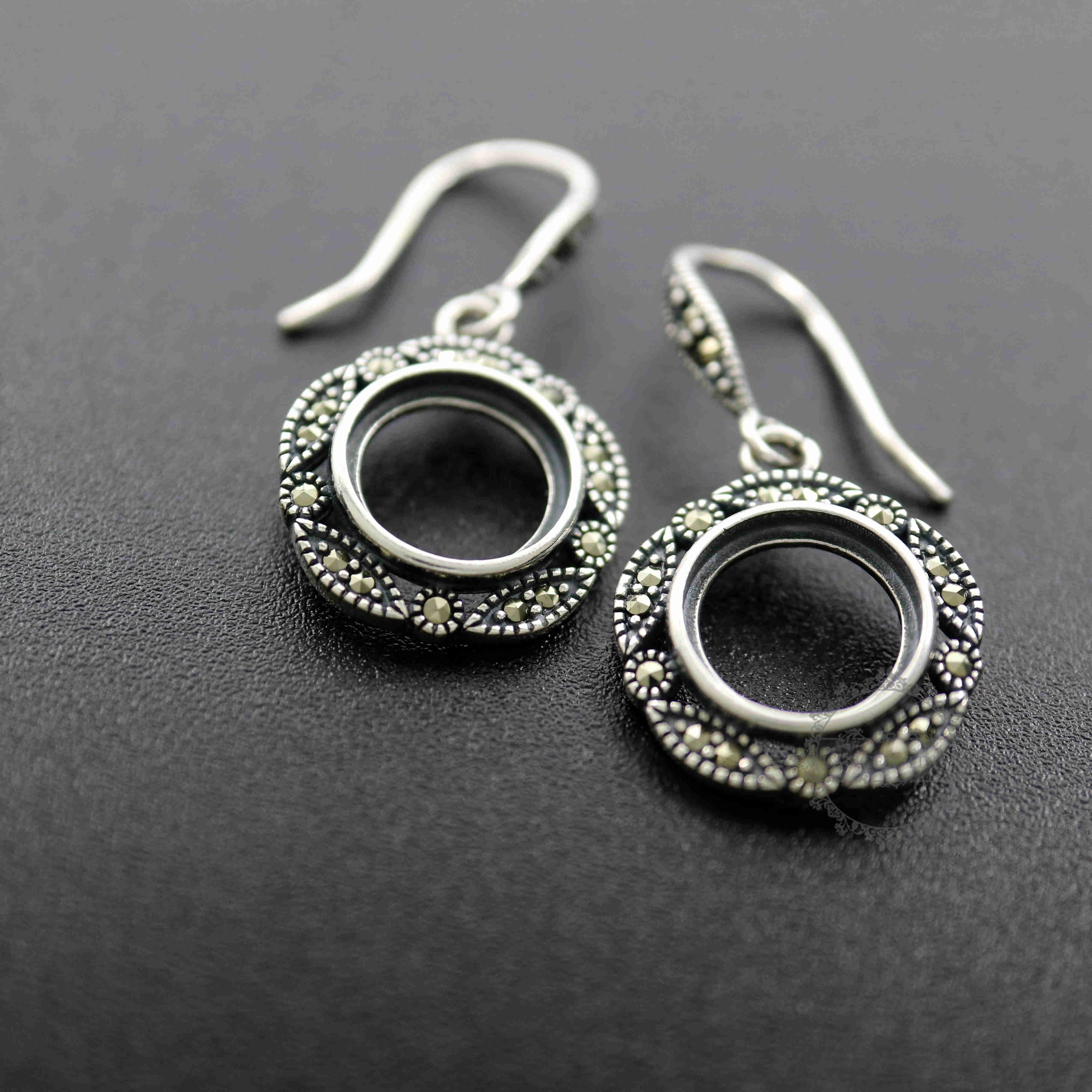 10MM Round Setting Bezel Tray Antiqued Solid 925 Sterling Silver DIY Earrings Hooks Findings 1706010 - Click Image to Close